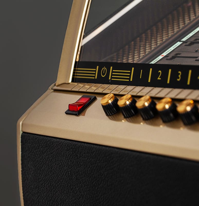 Marshall vinyl jukebox front panel power button.