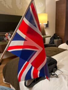 UK hotel room with the Union Jack flag.