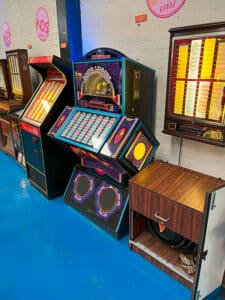 a group of unique and rare jukeboxes at Sound Leisure.