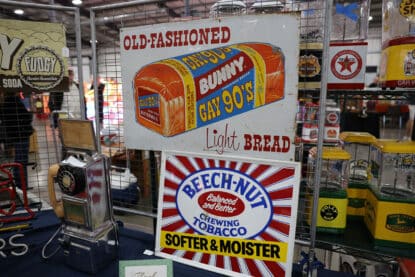 Old-fashioned advertising signs for Bunny Bread and Beech-Nut Chewing Tobacco.